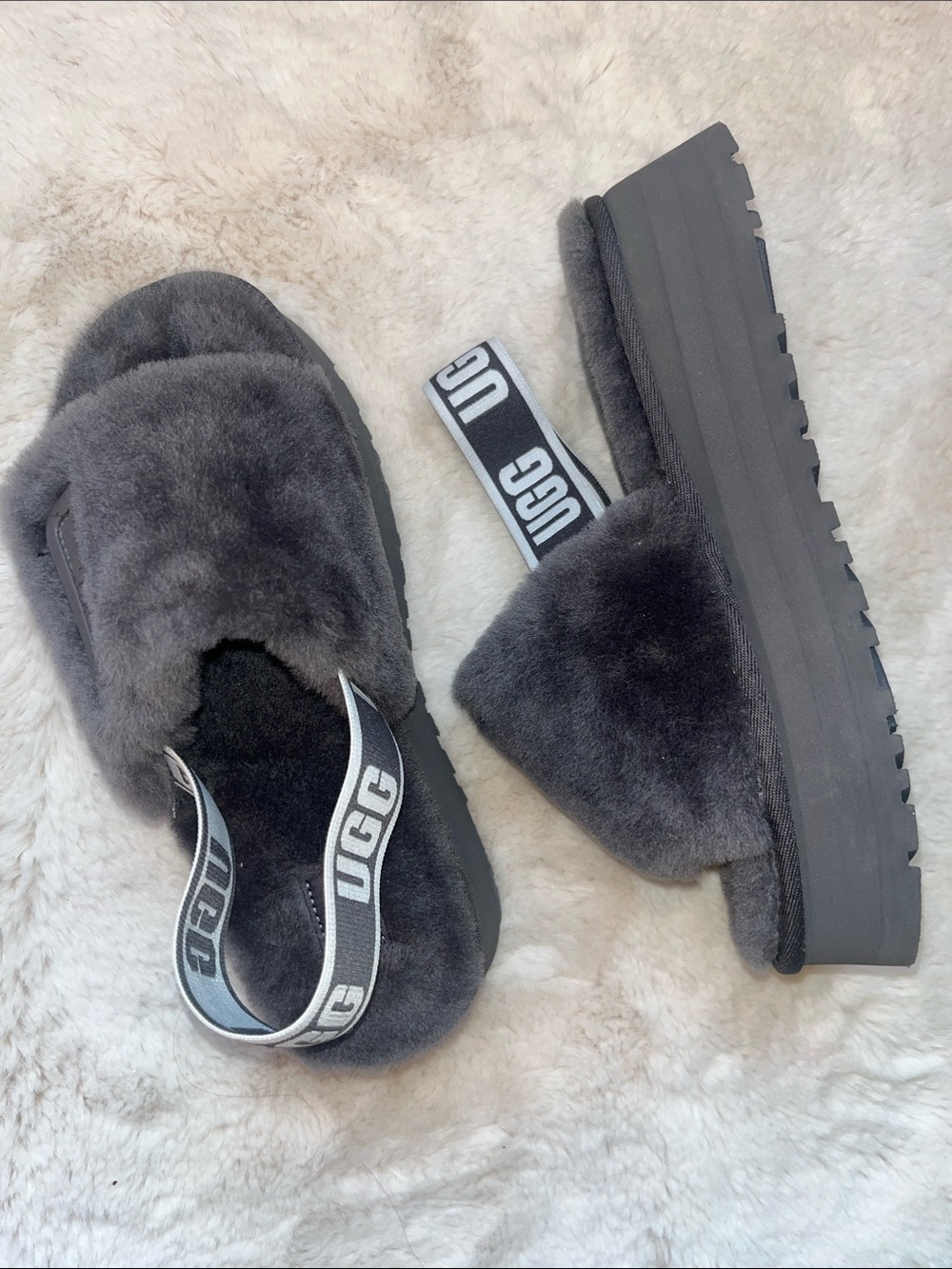 UGG Fluffy Platform Slide Sandals in Charcoal